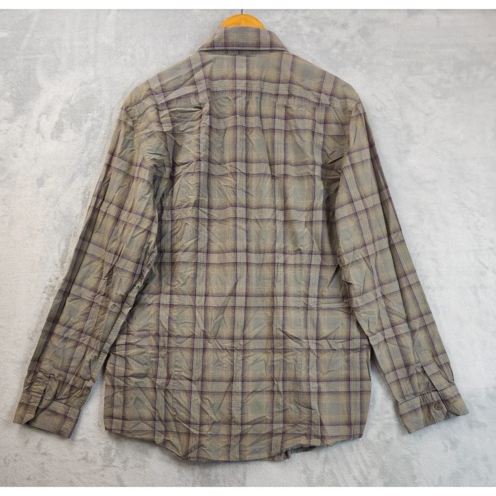 Banana Republic Shirt Mens Green Purple Plaid Double Flap Pockets Sz Large